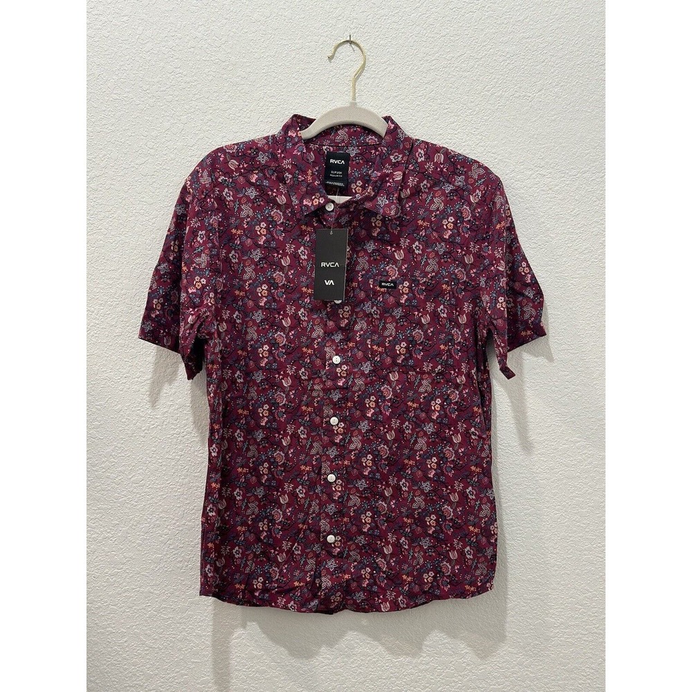 Mens RVCA Regular Fit Red Button Down Short Sleeve Floral Pattern Size Small